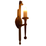 A beautifully crafted wrought iron sconce featuring a candle holder with a flickering light. The design includes elegant scrollwork and a decorative backplate, adding a warm and inviting ambiance to any space.