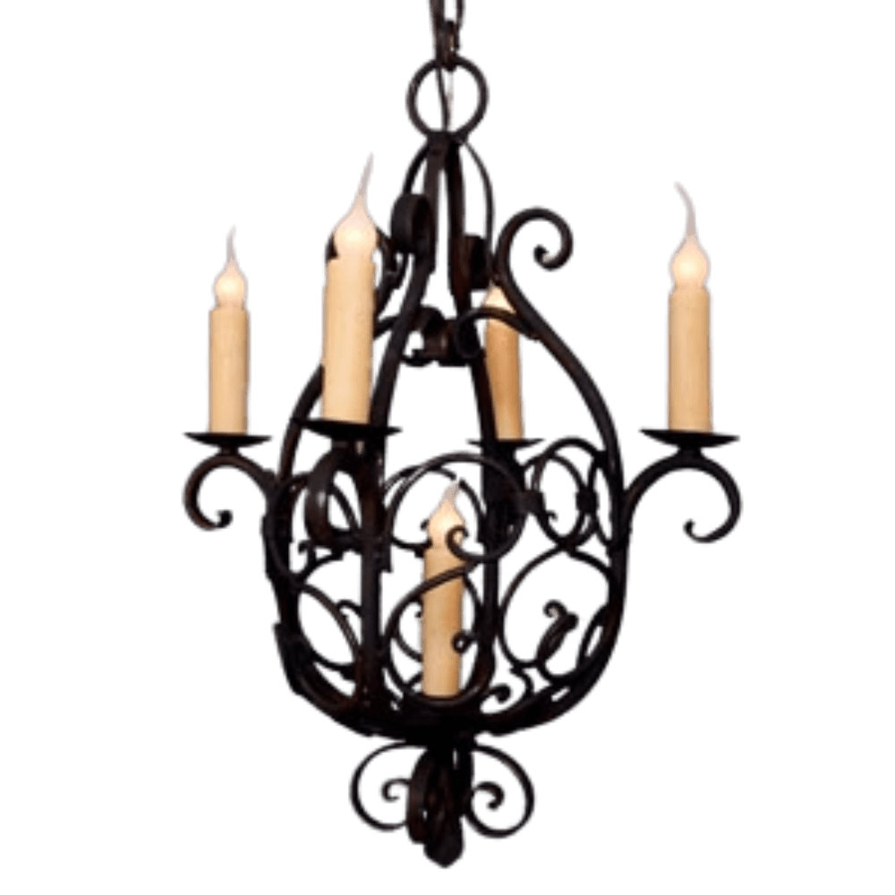 A beautifully crafted wrought iron chandelier featuring elegant curves and decorative scrollwork, with four candle-like bulbs illuminating the intricate design.