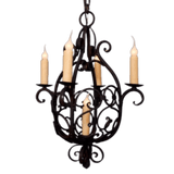 A beautifully crafted wrought iron chandelier featuring elegant curves and decorative scrollwork, with four candle-like bulbs illuminating the intricate design.