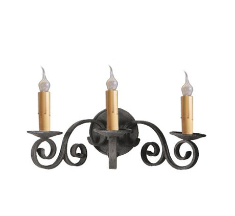 A three-arm wall sconce featuring intricate wrought iron scrollwork. Each arm holds a candle-like bulb with a warm gold base, adding an elegant touch to any space.