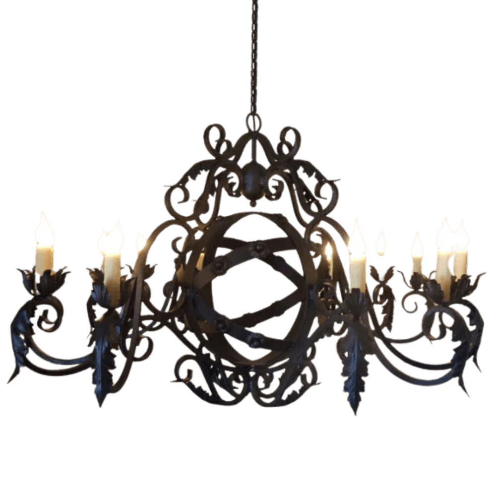 Intricately designed wrought iron chandelier featuring curved arms and decorative detailing, showcasing multiple candle-style bulbs for ambient lighting.