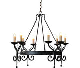 A decorative wrought iron chandelier featuring a circular design with intricately curled arms. It holds multiple candle-like lights, creating a warm and inviting ambiance, suspended by a durable chain. Ideal for adding elegance to dining areas or living spaces.