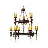 A stunning wrought iron chandelier featuring ornate scrollwork and ten candle-like lights. Its rustic design adds warmth and elegance to any space.