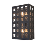 A stylish wrought iron sconce featuring an intricate geometric pattern, showcasing two lights behind a decorative frame. The design combines elegance and functionality, perfect for illuminating any indoor or outdoor space.