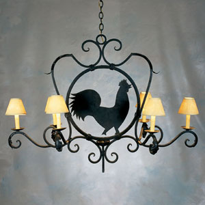 A decorative wrought iron chandelier featuring six arms with cream-colored shades, showcasing a silhouette of a rooster in the center. Ideal for adding rustic charm to any space.