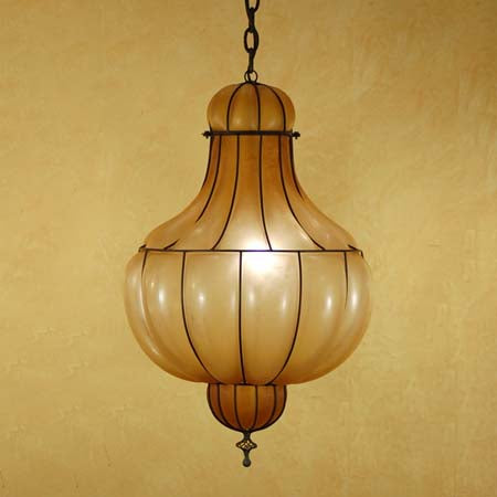 A beautifully crafted pendant light featuring an elegant shape reminiscent of a vintage lantern. The design includes delicate wrought iron detailing and warm, soft hues that enhance any space. Perfect for adding charm and ambiance to interiors.