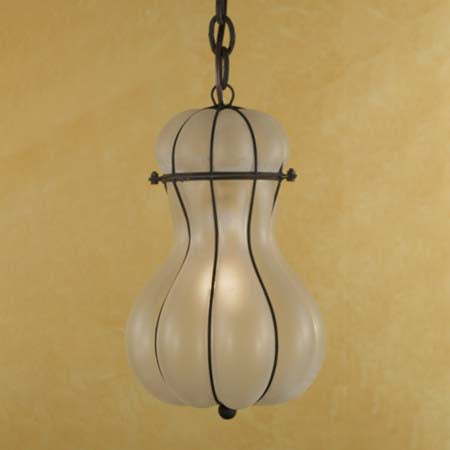 A beautifully crafted pendant light featuring a gracefully curved frosted glass shade enclosed in an elegant wrought iron frame. The design combines traditional artistry with a warm ambiance, perfect for enhancing any interior space.