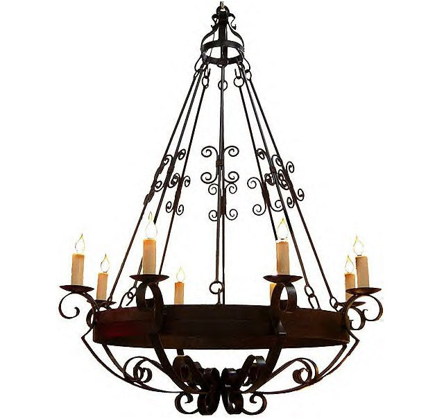 A large, intricate wrought iron chandelier featuring elegant scrollwork and multiple candle-style lights. This stunning fixture enhances any space with its rustic charm and artistic design.