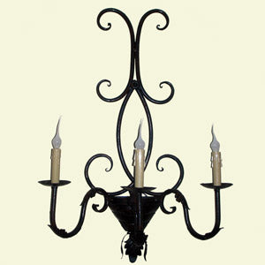 Elegant wrought iron chandelier featuring three candle-like lights with decorative scrollwork and a rustic finish, ideal for enhancing interior decor.