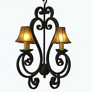 A decorative chandelier featuring intricate wrought iron scrollwork and two elegant lamp shades that emit a warm glow, enhancing any space with classic charm.