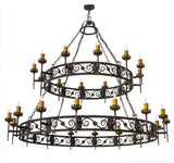 This striking chandelier features two circular tiers adorned with intricate wrought iron scrollwork. Each tier holds multiple candle-like bulbs, adding a warm glow to any space. The contrasting gold accents enhance its elegant design, making it a captivating centerpiece for dining areas or grand entryways. Perfectly combines traditional craftsmanship with a timeless aesthetic.