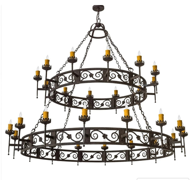 This striking chandelier features two circular tiers adorned with intricate wrought iron scrollwork. Each tier holds multiple candle-like bulbs, adding a warm glow to any space. The contrasting gold accents enhance its elegant design, making it a captivating centerpiece for dining areas or grand entryways. Perfectly combines traditional craftsmanship with a timeless aesthetic.