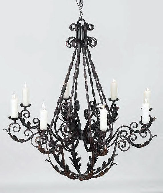 Elaborate wrought iron chandelier featuring intricate scrollwork and candle-style lights. The artistic design includes twisting arms and leaf motifs, adding a touch of elegance to any space.