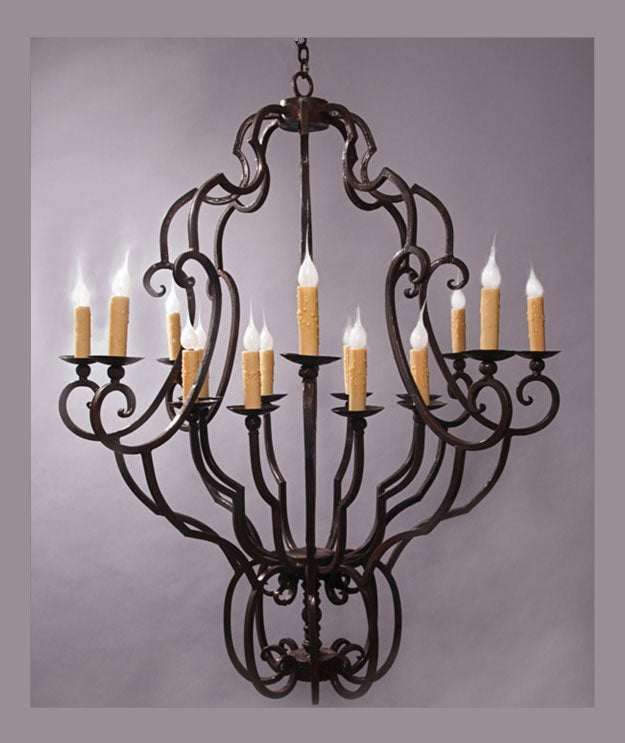 A large wrought iron chandelier featuring intricate curls and ten candle-like bulbs with warm, amber-colored bases. The elegant design adds a classic charm, perfect for enhancing any spacious room.