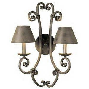 A decorative wall fixture featuring elegant curves and swirls in wrought iron, paired with two upward-facing shades, perfect for adding a classic touch to any space.