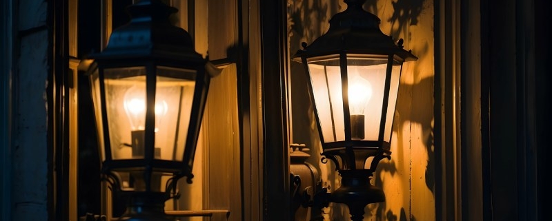 Wrought iron lanterns outside a home at night